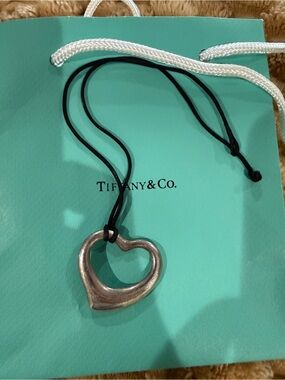 Tiffany & Co. Silver Open Heart Pendant on Black Cord